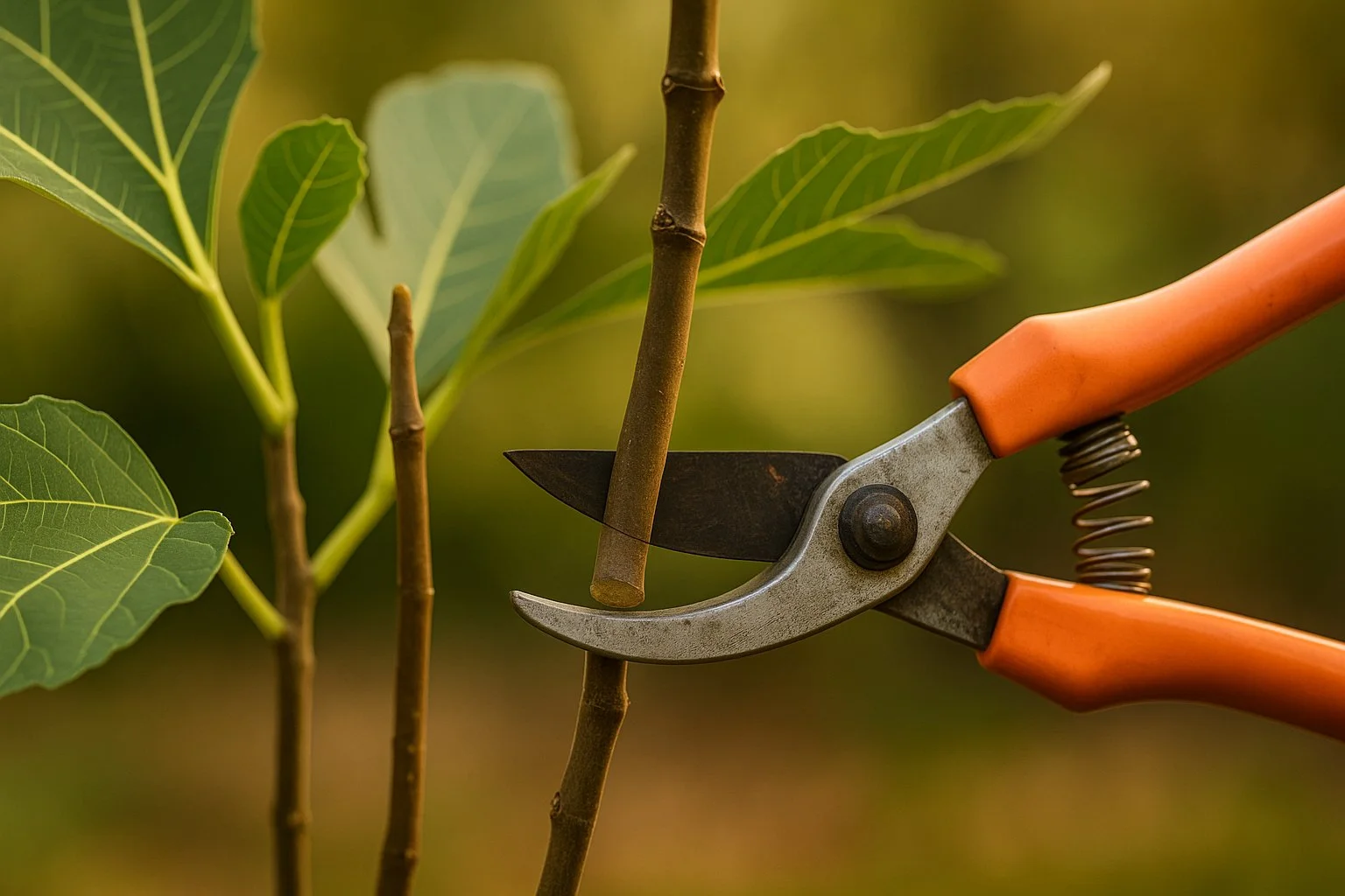 Close-up of pruning shears cutting a young fig branch during winter pruning in Zone 7b