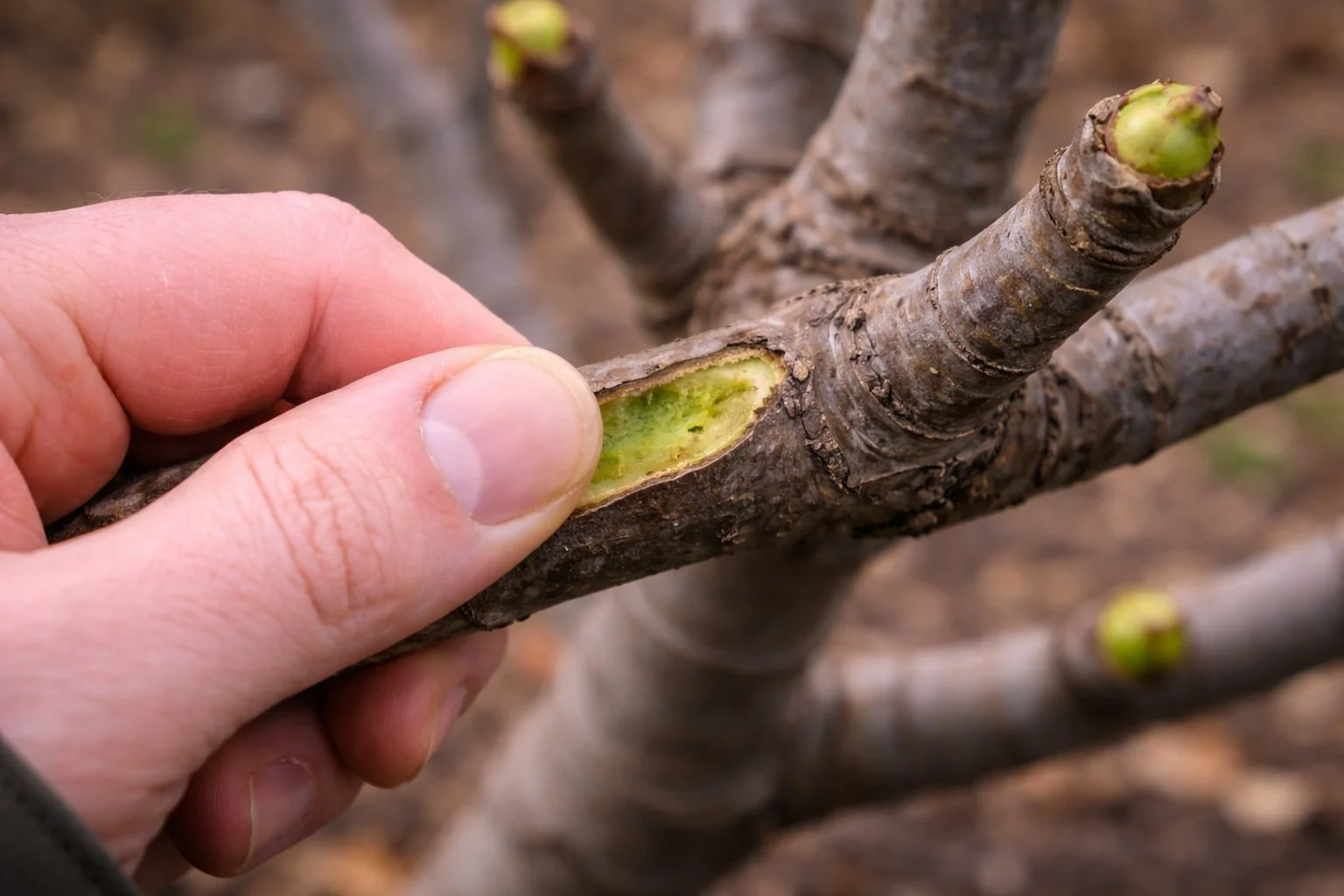 Fig branch showing normal winter dieback with new growth below