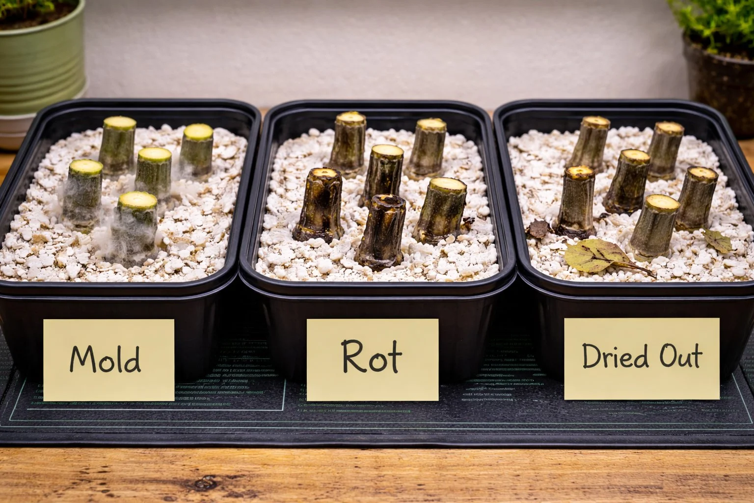 Fig cuttings showing common propagation failures including mold growth, rotting stems, and dried-out cuttings in separate containers.