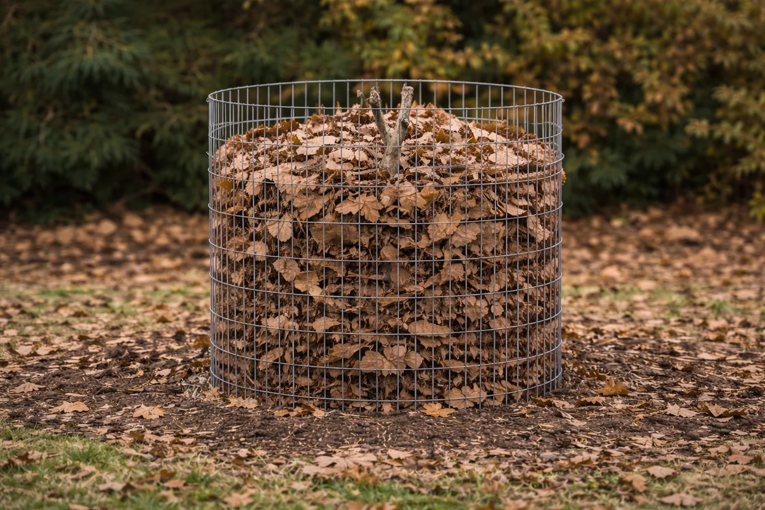Leaf-filled wire cage used as winter protection for an in-ground fig tree