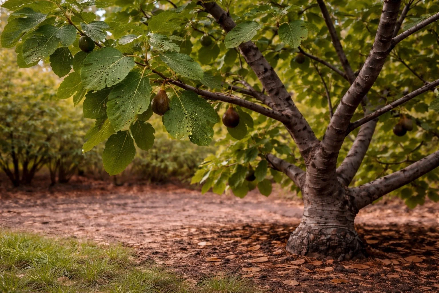 Mature fig tree with mostly healthy foliage and a few leaves showing mild pest damage in a backyard orchard.