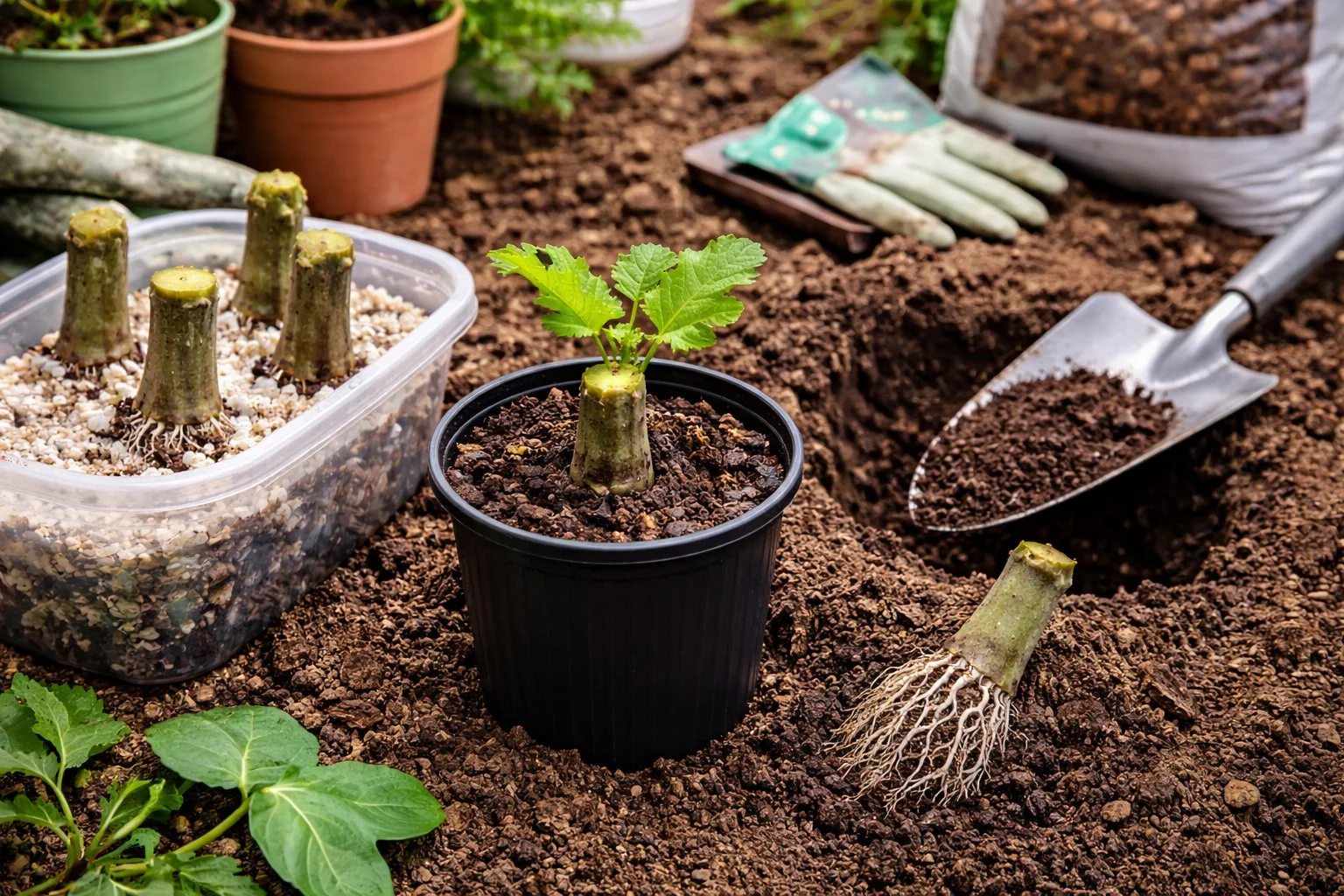 Rooted fig cuttings being transplanted from a propagation container into soil-filled pots during early establishment.