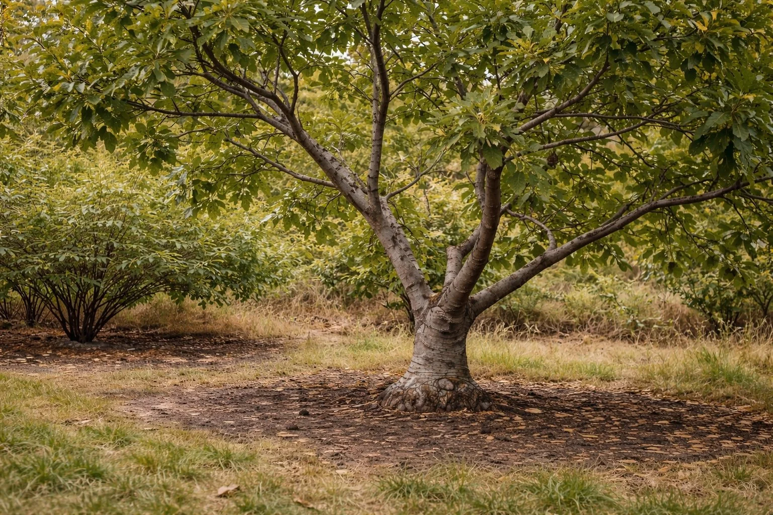 Mature fig tree with uneven growth and mild canopy thinning, suggesting root stress in a backyard orchard.