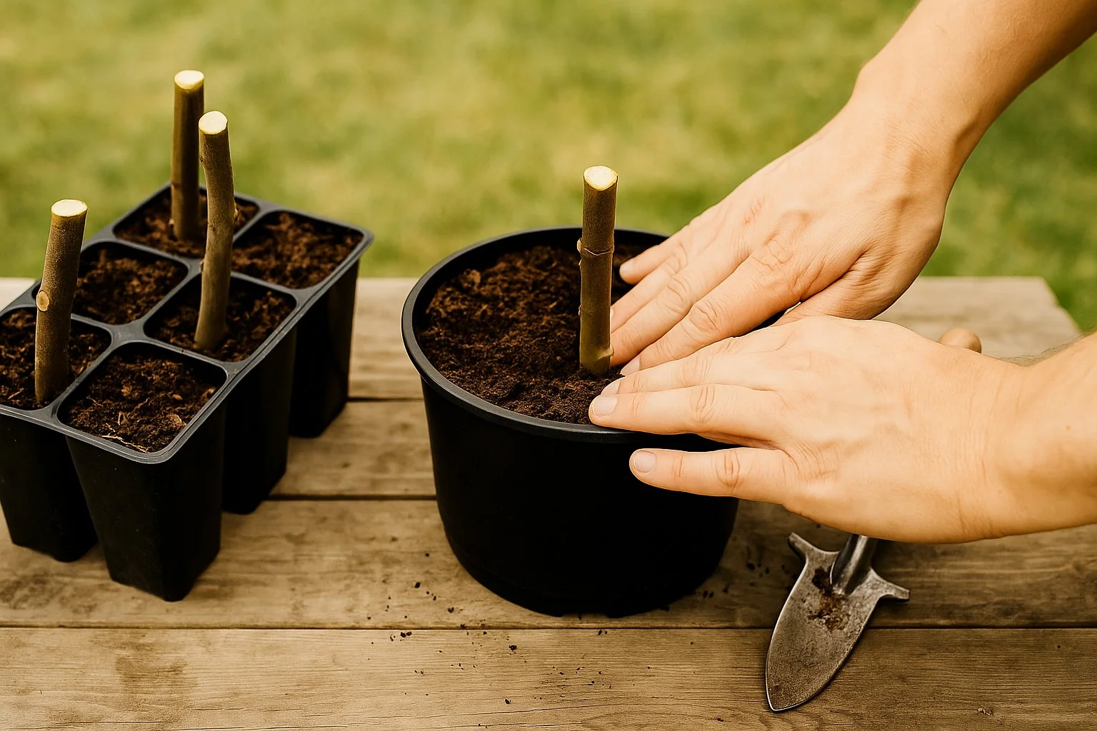 Close-up of hands planting a fig cutting into soil with trays of cuttings on a wooden table, illustrating professional fig propagation.