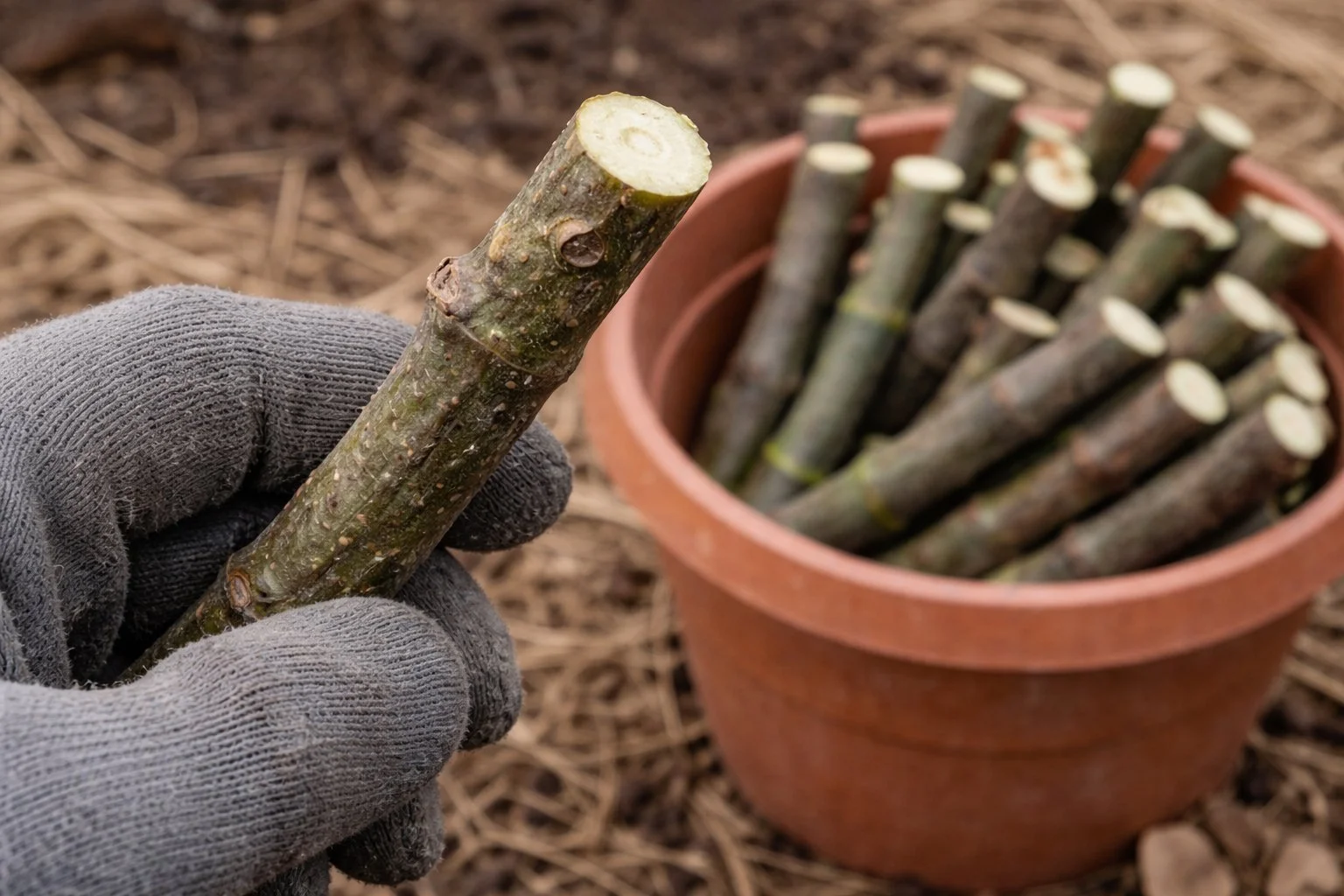 Close-up of a healthy fig cutting showing firm bark and clean white interior wood, with additional cuttings in a pot behind it.