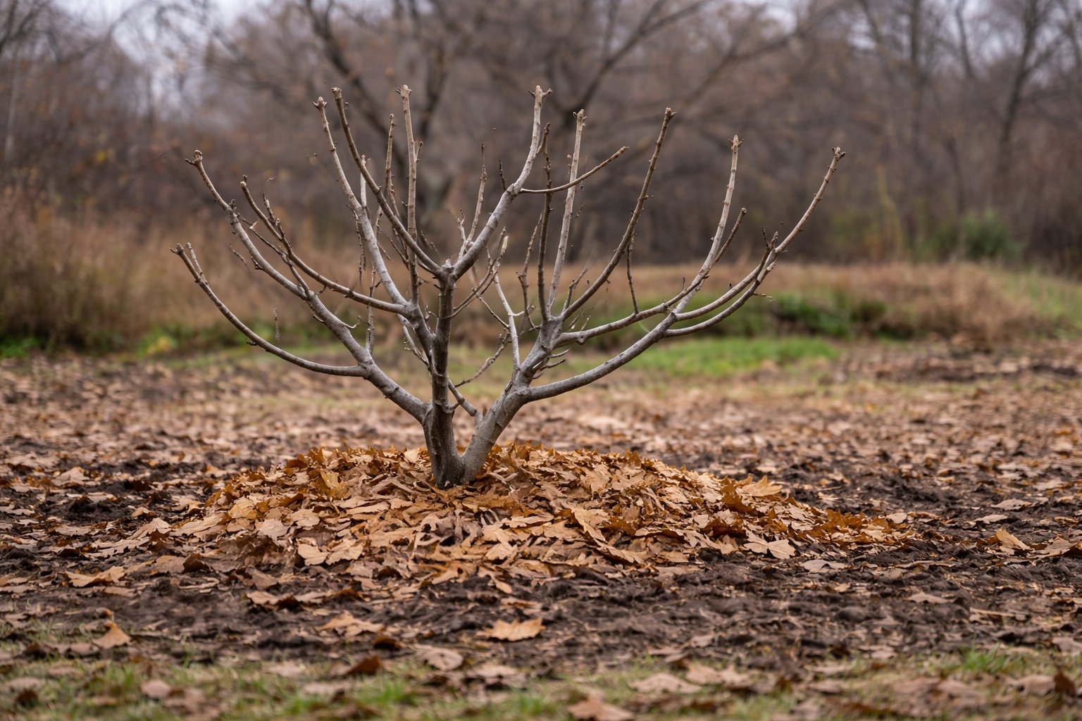 Dormant fig tree after leaf drop in late fall before winter protection