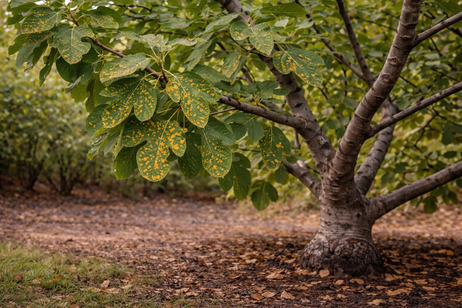 Mature fig tree leaves showing early fig rust symptoms with yellow to brown spotting in a backyard orchard.