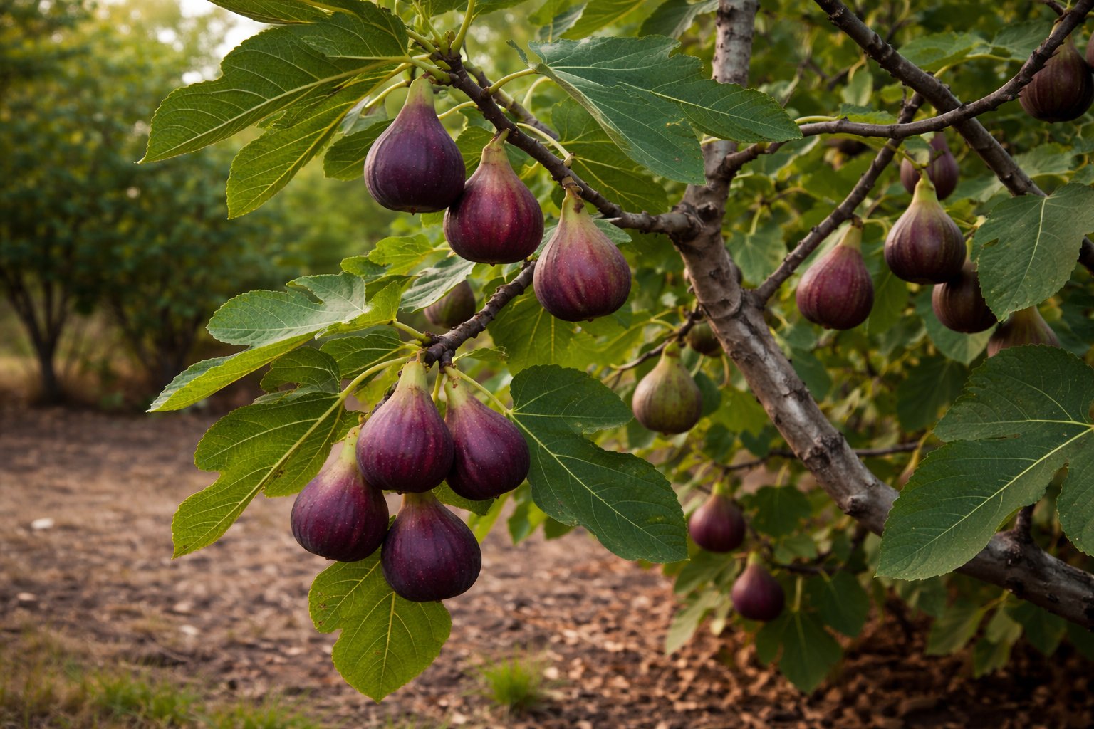 Mature fig tree with several fully ripened figs hanging naturally among healthy green leaves in a backyard orchard.