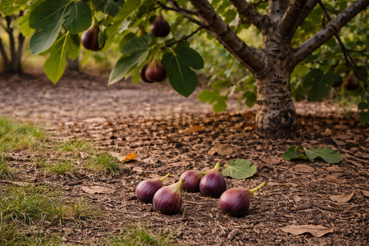 Mature fig tree with several ripe figs resting naturally on the ground beneath the canopy in a backyard orchard.