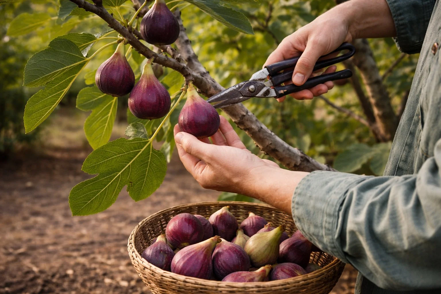 Ripe figs being gently removed from a fig tree branch in a backyard orchard setting.