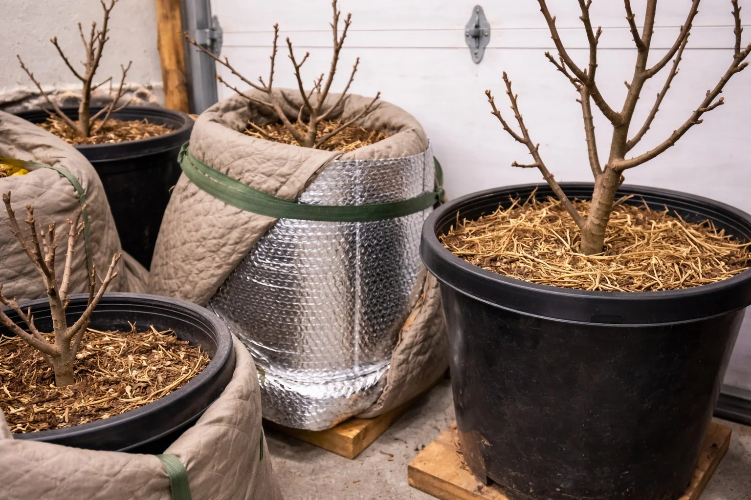 Overwintering container-grown fig trees wrapped and mulched in a protected space to prevent freeze damage in Zone 7b