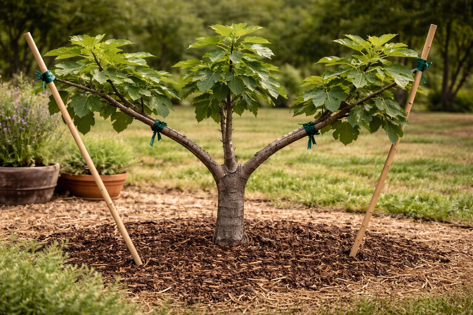Young fig tree trained into an open vase shape with evenly spaced scaffold branches
