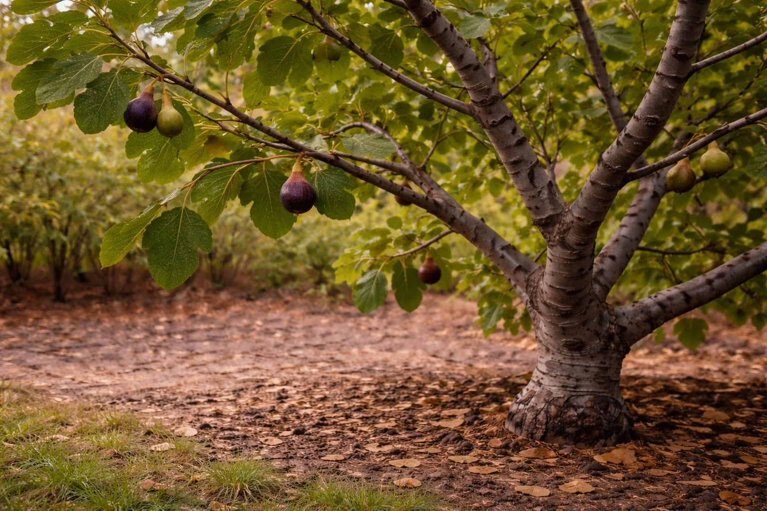 Mature fig tree late in the season with only a few remaining figs hanging sparsely on the branches in a backyard orchard.