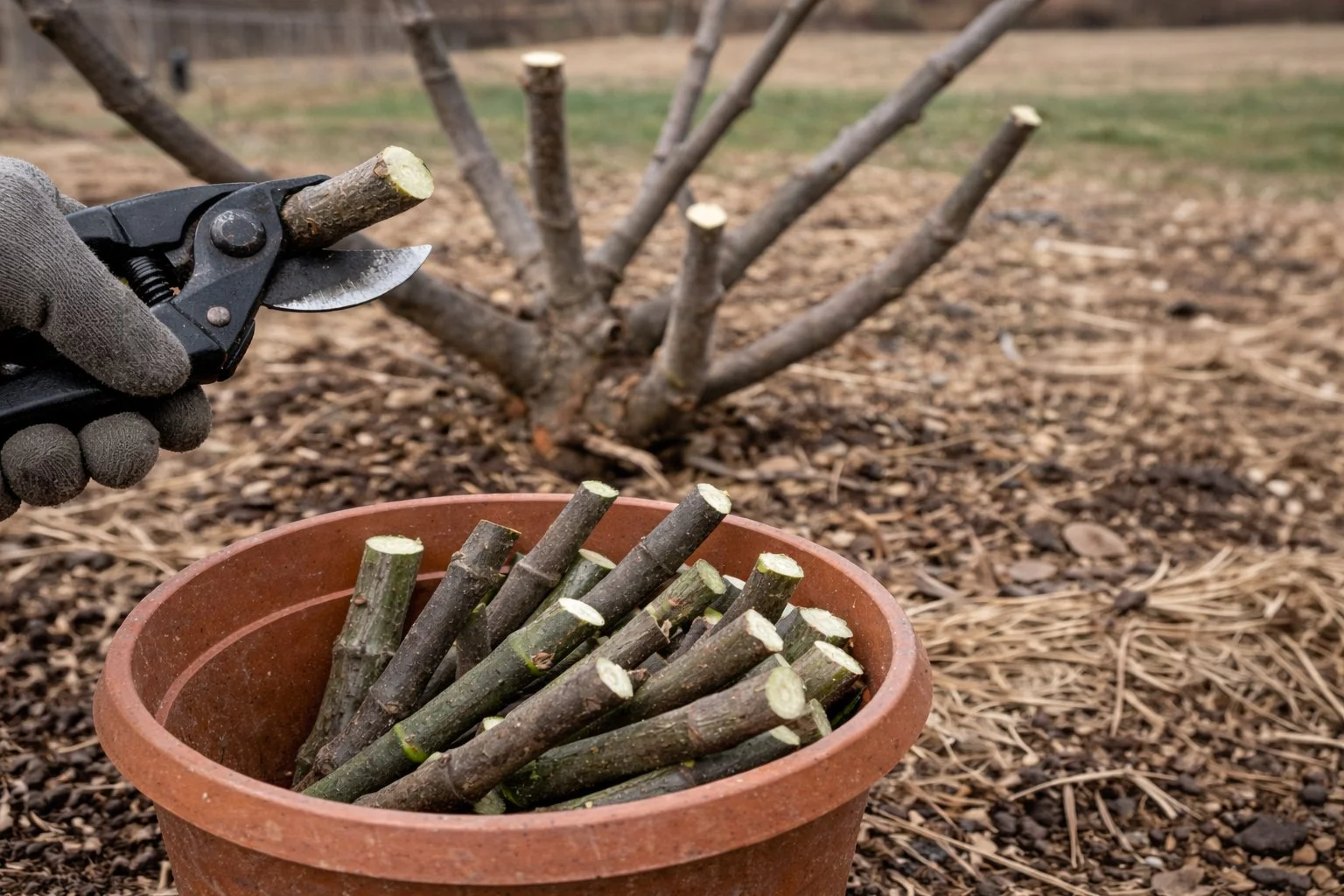 Freshly cut fig branches placed in a pot beside a dormant fig tree during late winter pruning in Zone 7b.