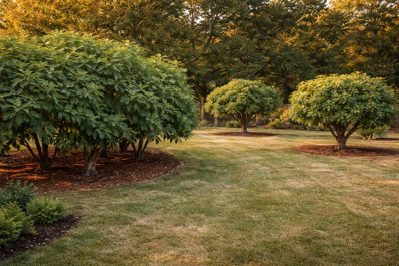 Backyard fig orchard showing closely spaced fig trees with overlapping canopies on one side and widely spaced individual fig trees on the other.