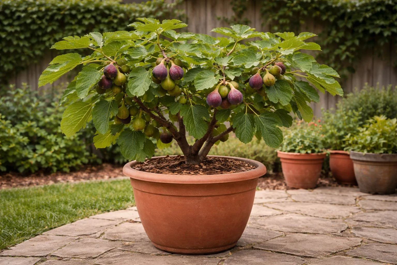 Fig tree growing in a large container outdoors