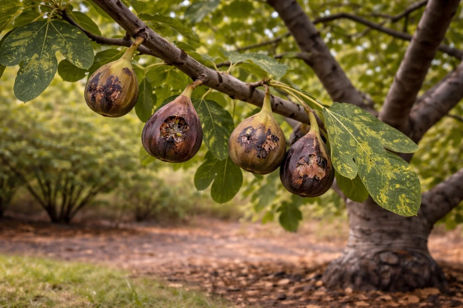 Figs hanging on a fig tree branch showing dark, sunken fungal lesions consistent with anthracnose and fruit rot in a backyard orchard.