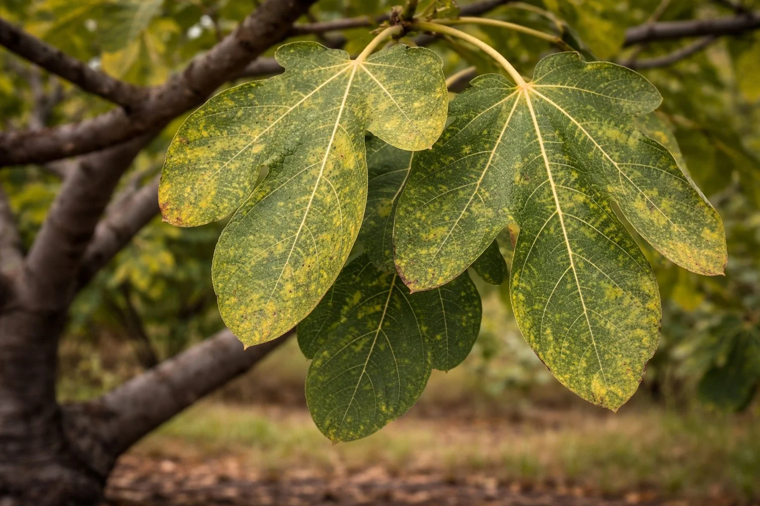 Fig tree leaves showing fine yellow stippling and mild bronzing consistent with spider mite damage in a backyard orchard.