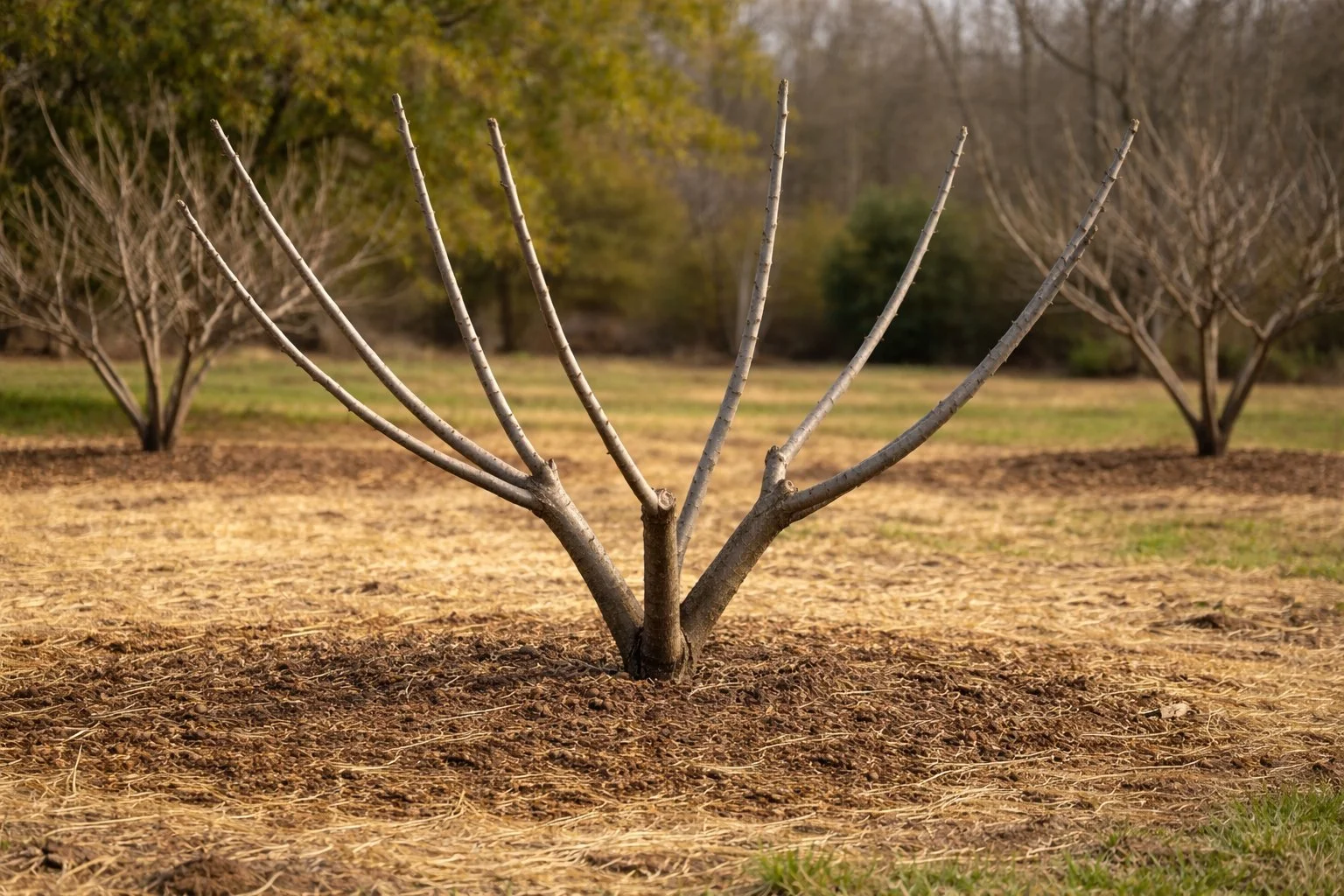 Training a young fig tree into an open vase shape with evenly spaced scaffold branches