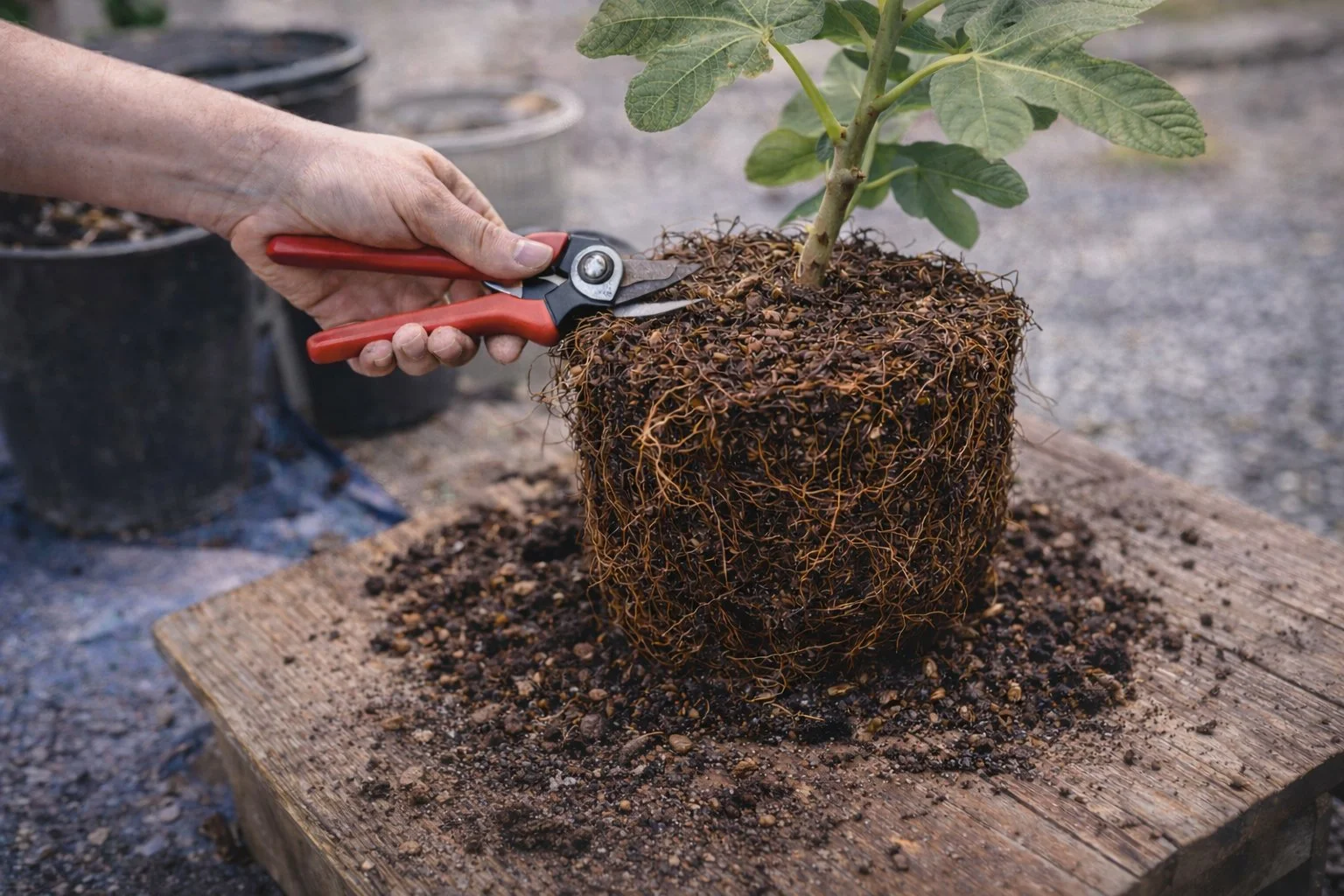 Root pruning and repotting a container-grown fig tree to maintain long-term root health