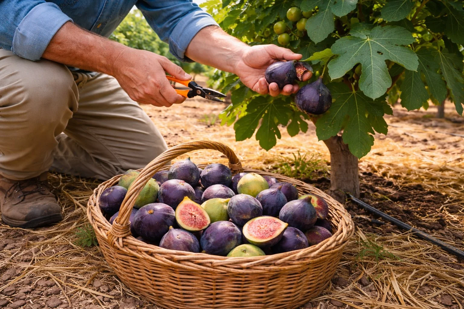 Person harvesting ripe figs from a fig tree and collecting them into a basket on the ground.