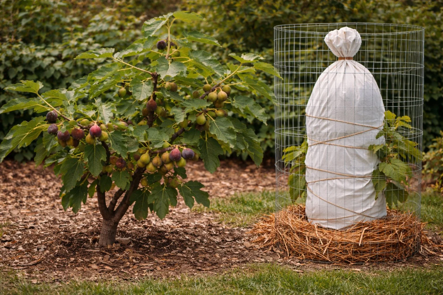 Fig trees with different growth habits in an orchard