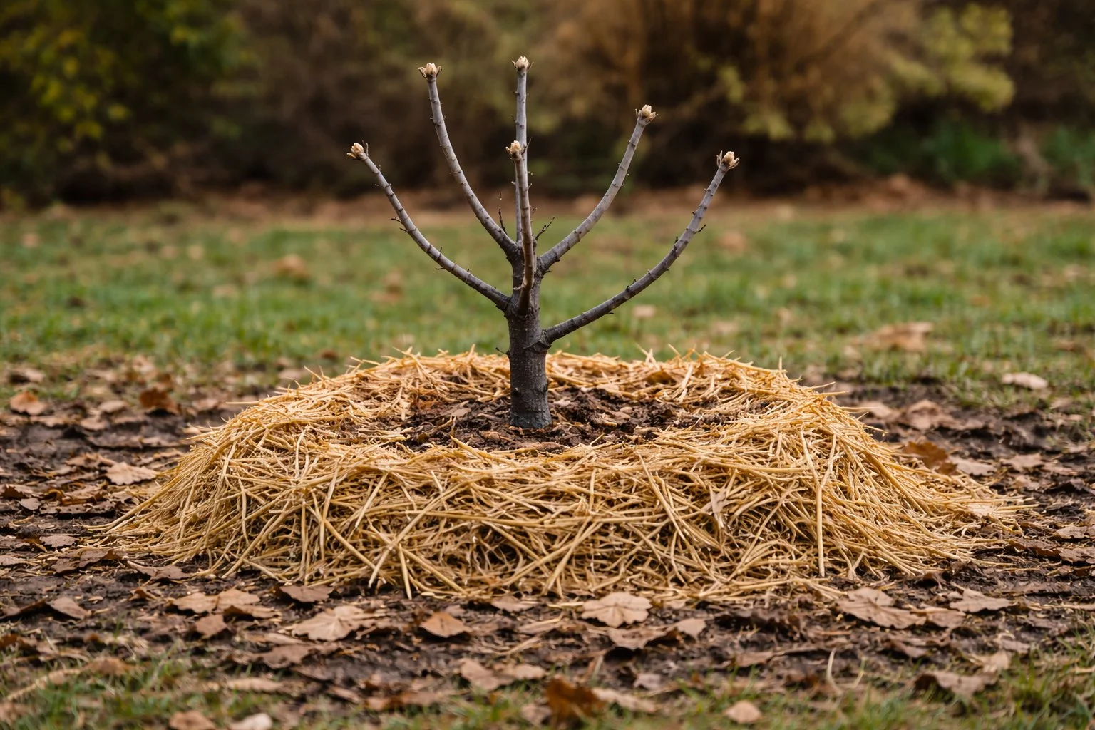 Young first-year fig tree with mulch applied for winter root protection