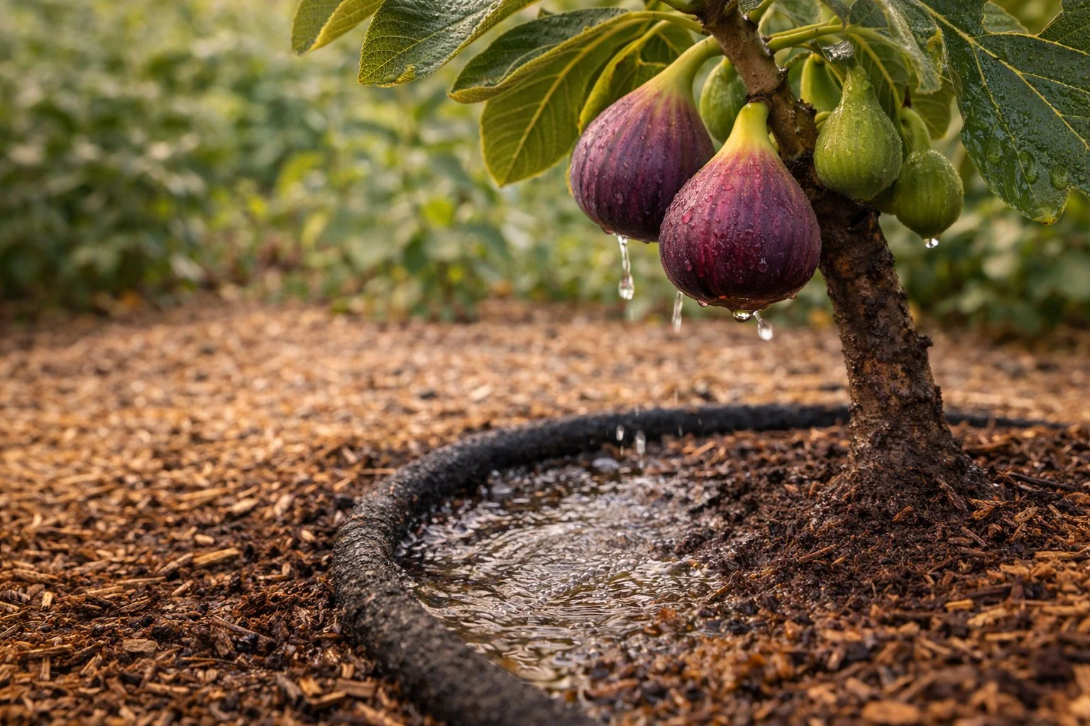 Ripening figs on a fig tree above evenly moist, mulched soil with a soaker hose delivering steady water at the root zone