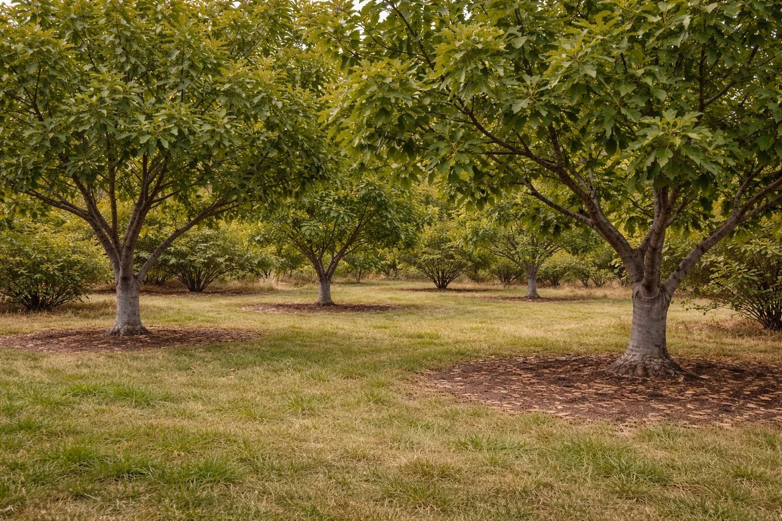 Backyard fig orchard with mature fig trees planted at even spacing, showing clear separation between trunks and canopies.