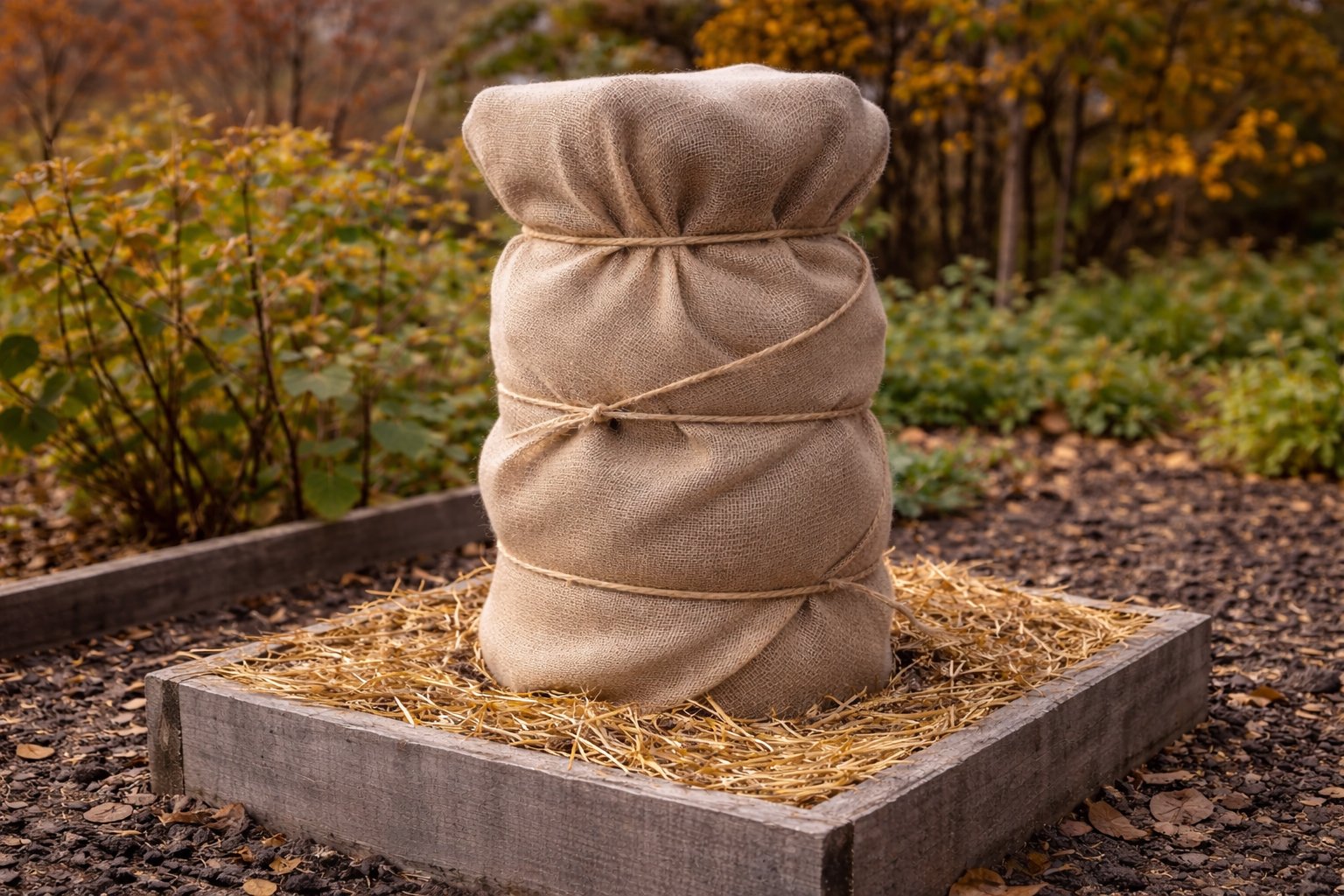 A burlap sack tied with twine, sitting on a bed of straw inside a wooden frame, outdoors during fall with trees in the background.