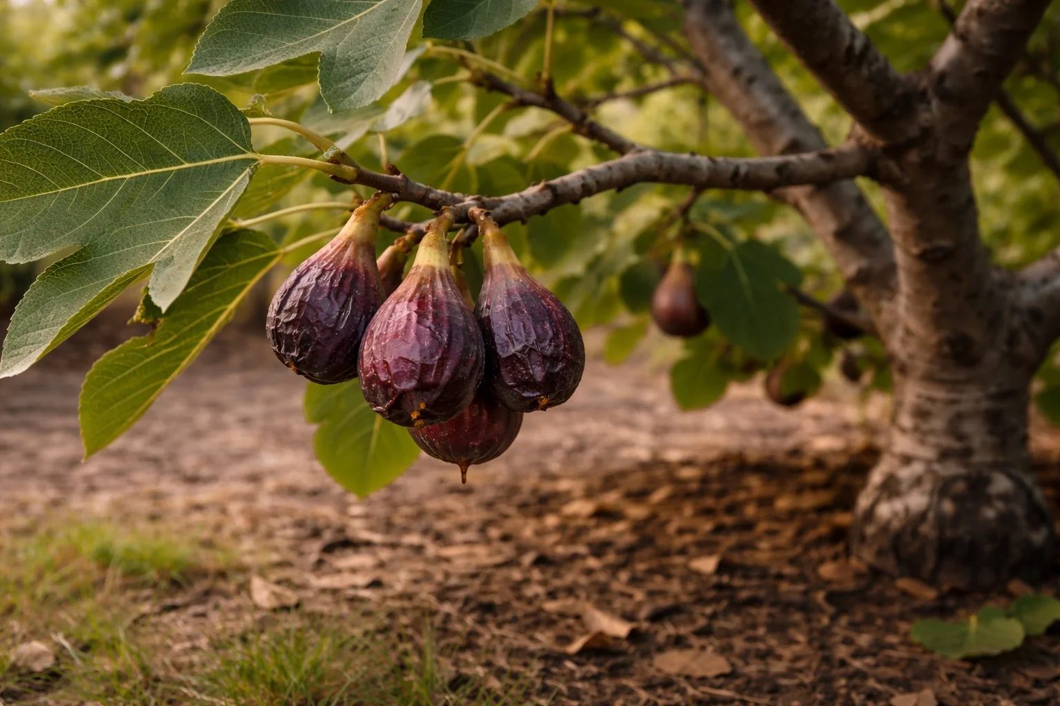 Overripe figs hanging naturally from a low fig tree branch with softened skin in a backyard orchard.