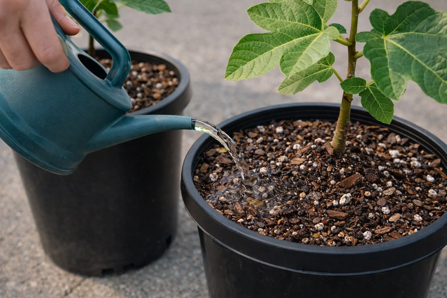 Watering container-grown fig trees evenly to maintain moist but well-drained soil and prevent root rot or stress