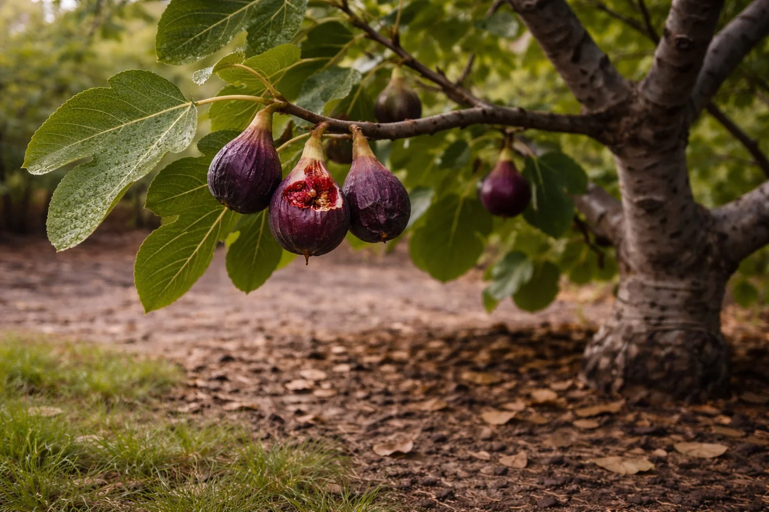 Ripe figs on a fig tree showing minor wildlife and insect damage in a backyard orchard.