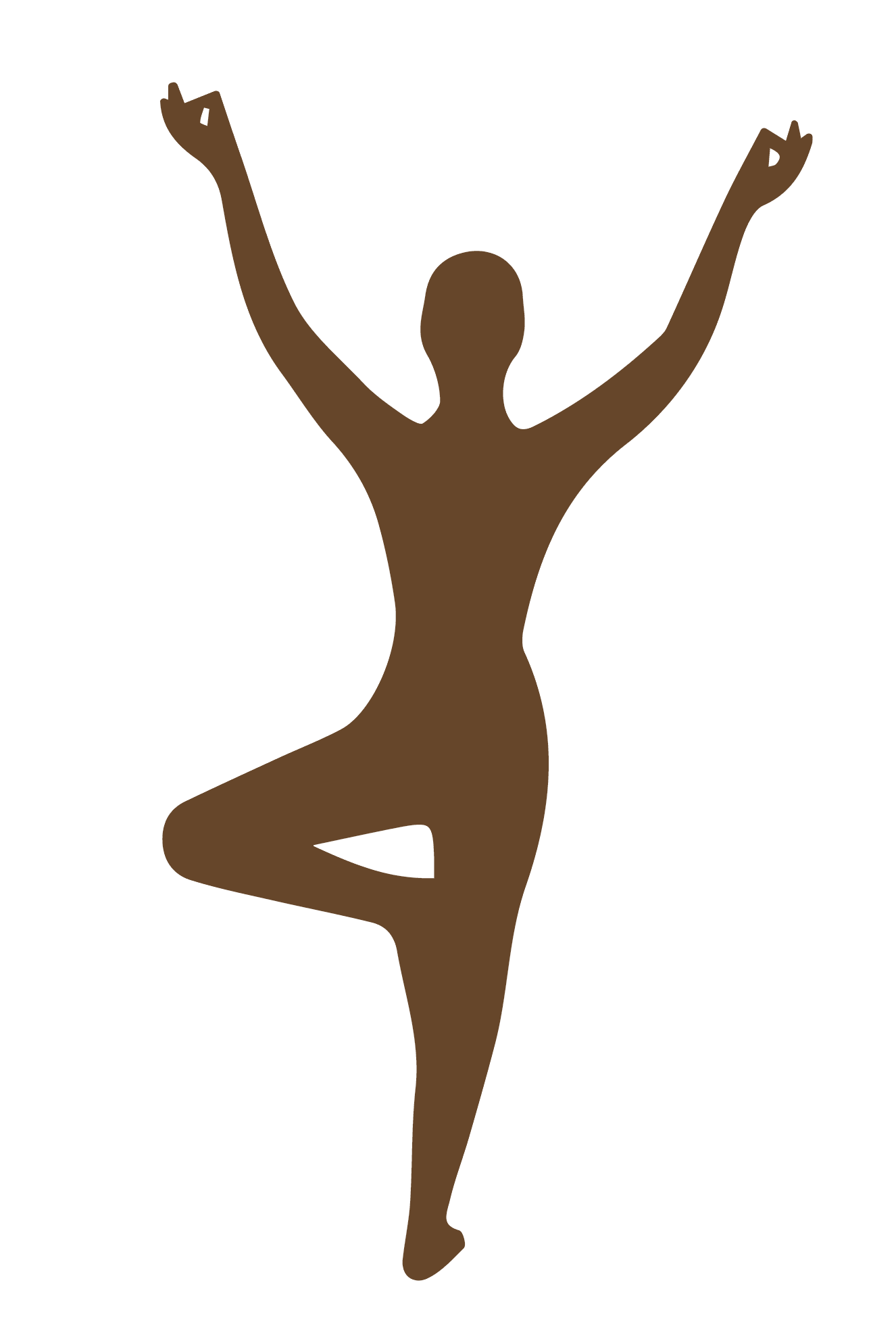 Silhouette of a person in a yoga pose with arms raised and one leg bent, colored in brown.