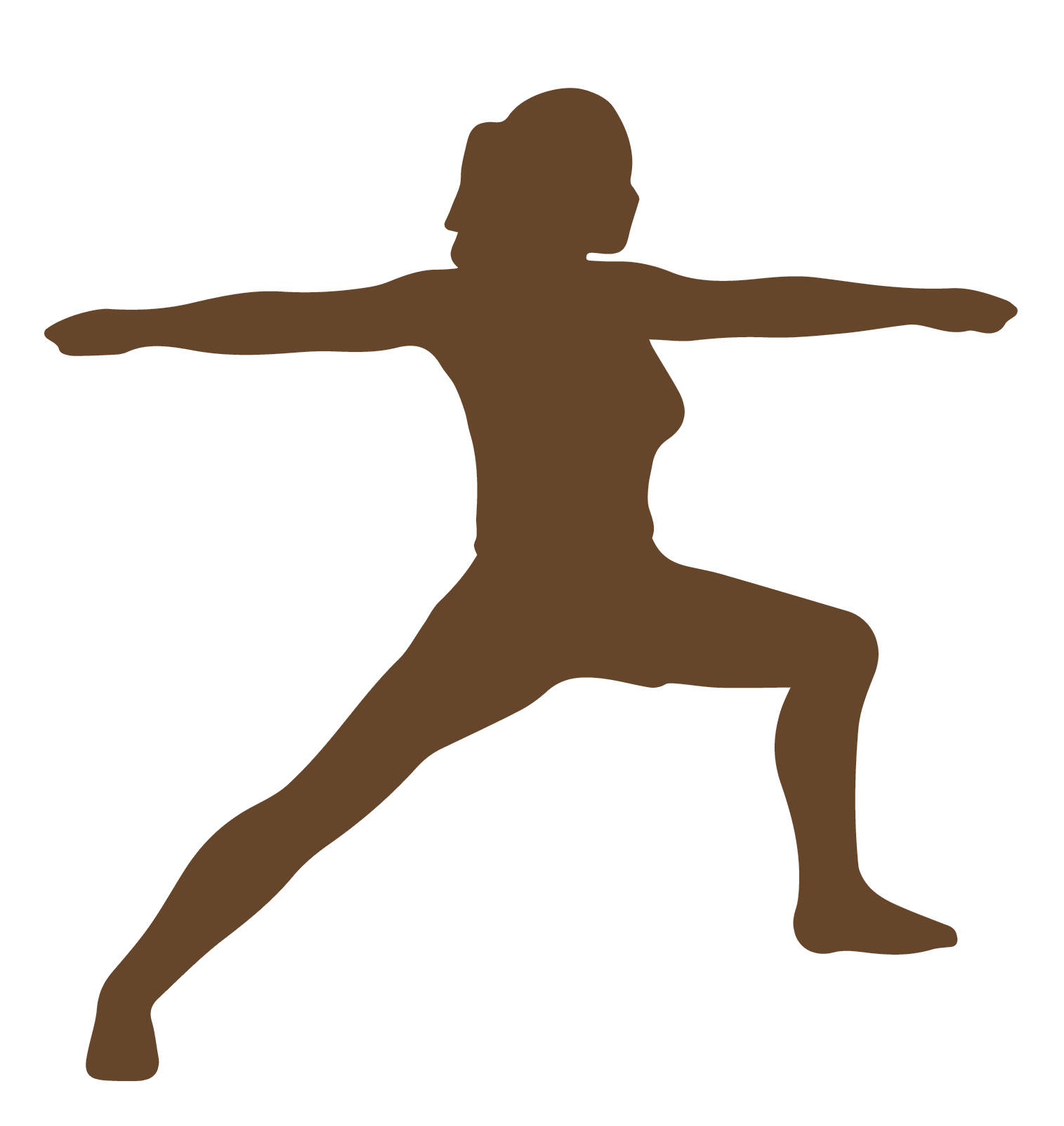 Silhouette of a woman in a yoga pose with arms outstretched and legs apart.