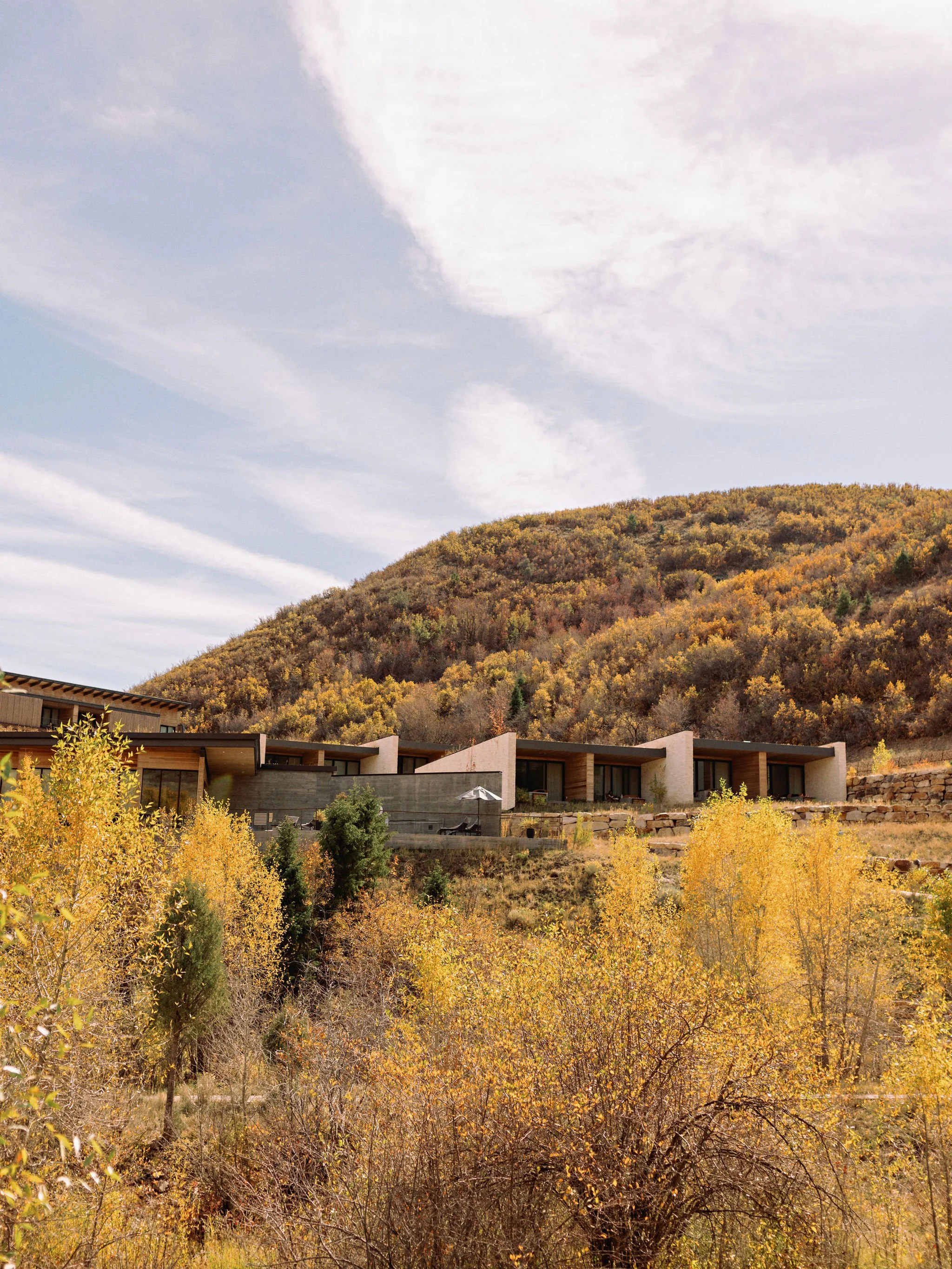 Modern house units built into a hillside with colorful fall foliage and a cloudy sky in the background.