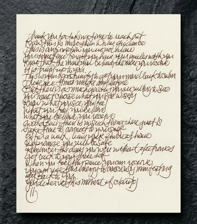 A physical Artifact from a Spiritspective session, featuring direct guidance hand-transcribed in deep black ink on archival paper.