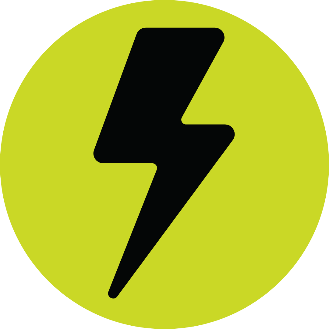 A yellow circular background with a black lightning bolt symbol in the center.