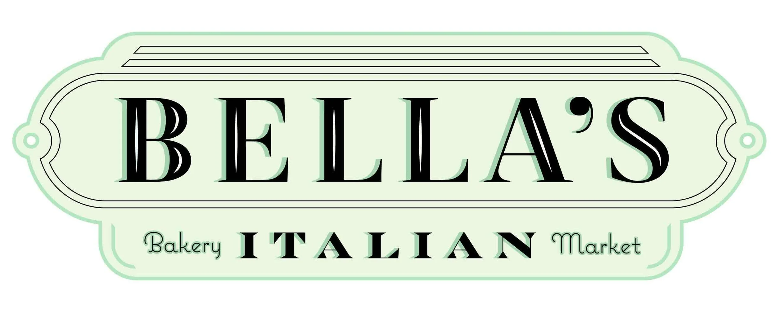 Bella's Italian Bakery text over a mint green sign background