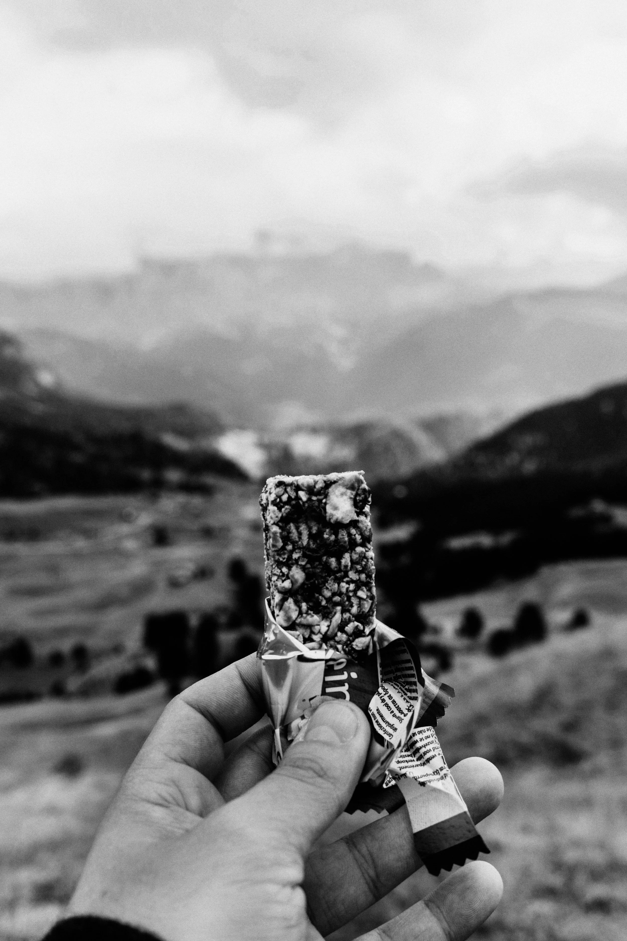 A hand holding a granola bar with a mountainous landscape in the background.