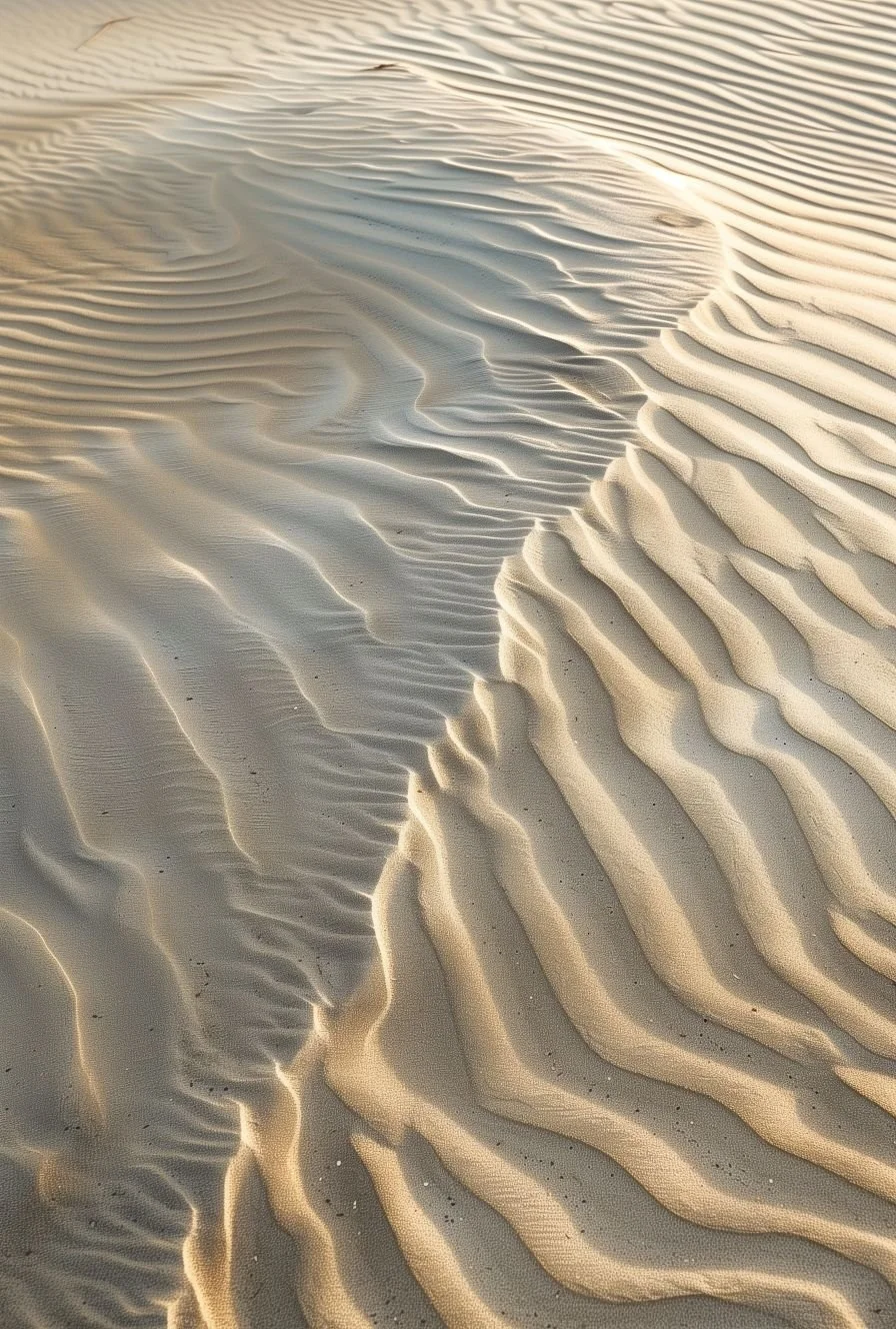 Close-up view of sand dunes with rippled patterns created by wind.
