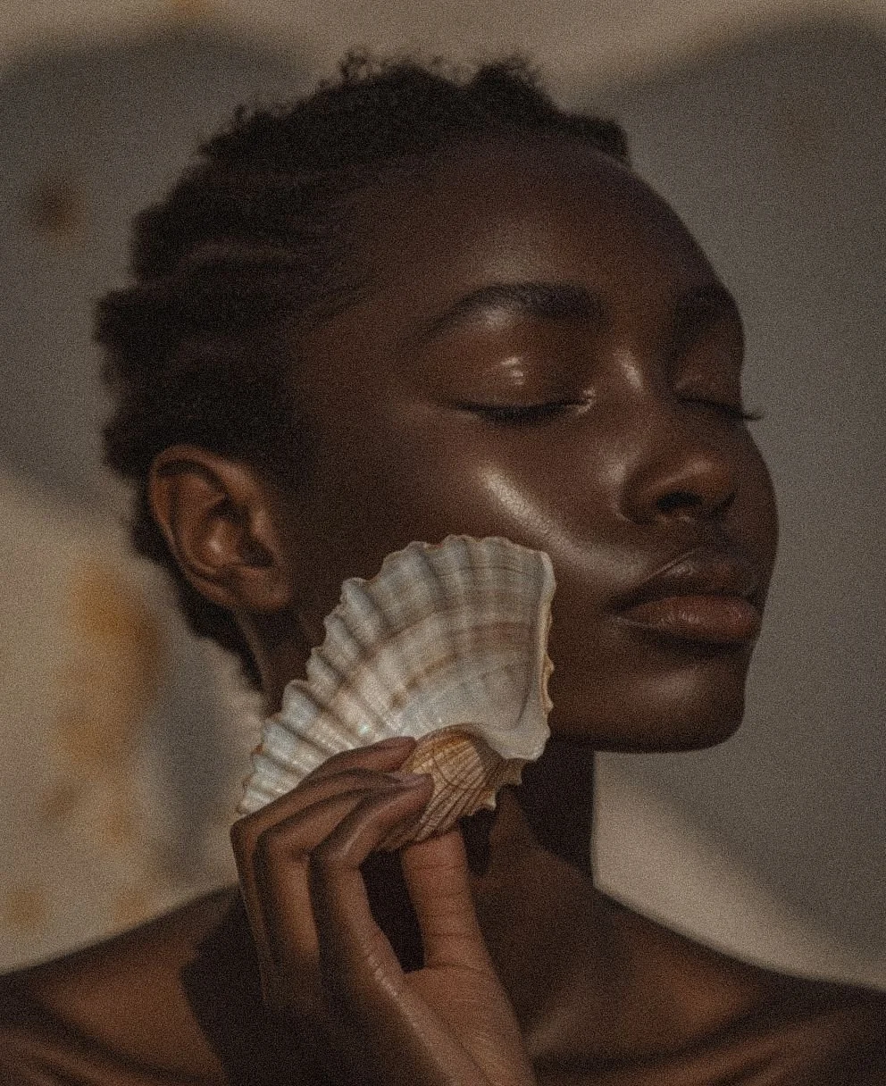 A woman with dark skin and short, natural hair holds a large seashell near her face with closed eyes.