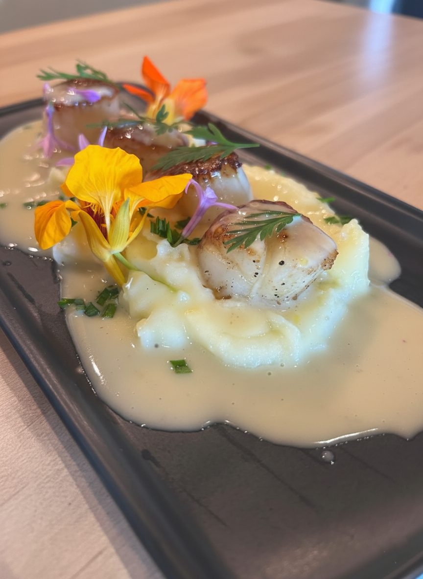Seafood dish with scallops in a creamy sauce garnished with edible flowers and herbs, served over mashed potatoes on a black rectangular plate.