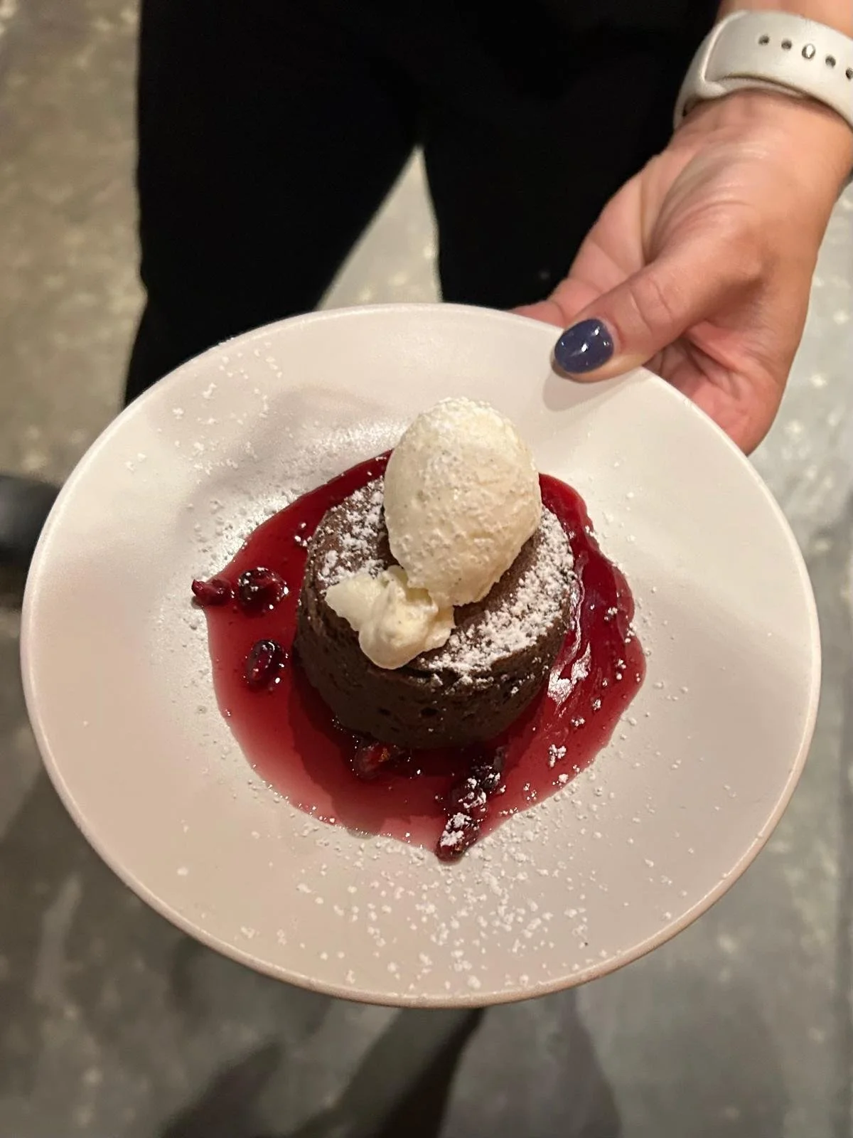 A person holding a white plate with a chocolate dessert topped with a scoop of vanilla ice cream, powdered sugar, and a red berry sauce with whole berries.