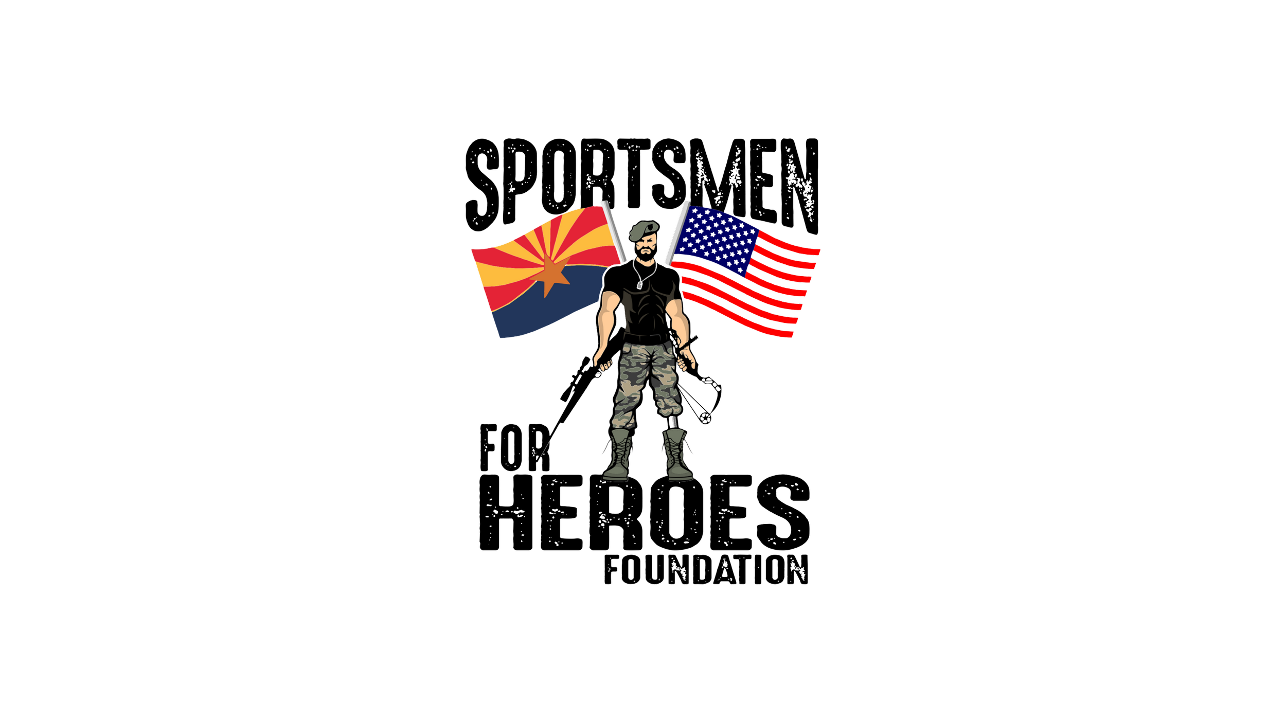 Black and white graphic with a male soldier holding a rifle and fishing rod, flanked by two flags, with text for a sportsmen from heroes foundation.