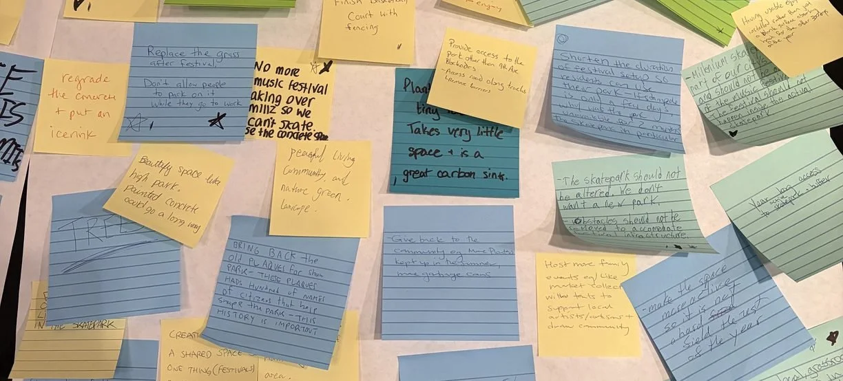 sticky notes on a table with indiscernible handwriting