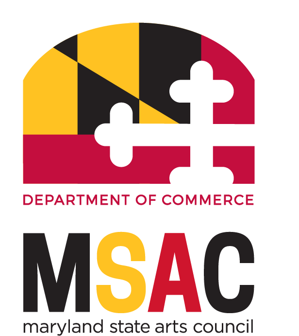 Logo of Maryland State Arts Council, featuring a stylized globe with a cross pattern, divided into black, red, and yellow sections, with the text 'Department of Commerce' and 'MSAC' below.