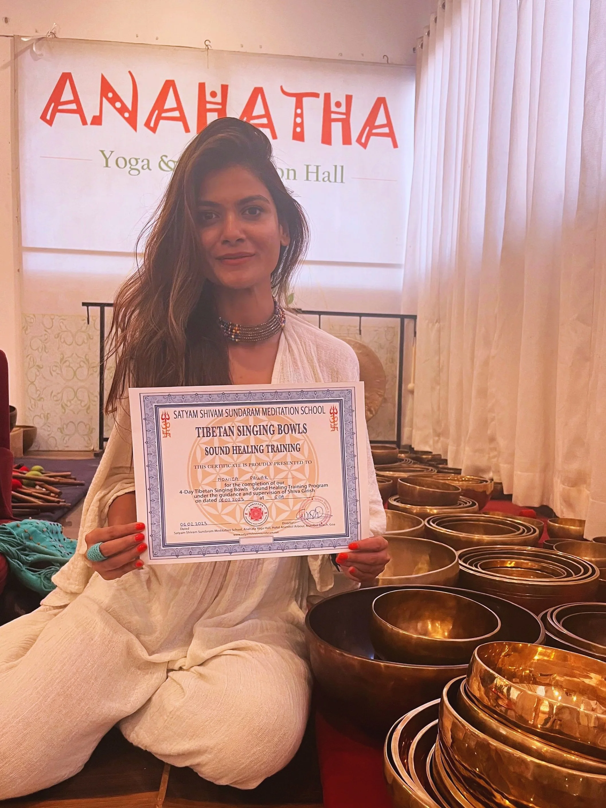 Monica after completing her Sound Healing Course in India