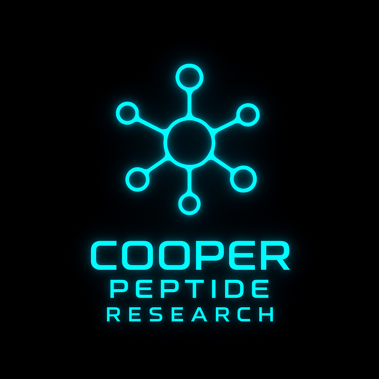 Neon blue logo for Cooper Peptide Research featuring a molecular structure above the text.