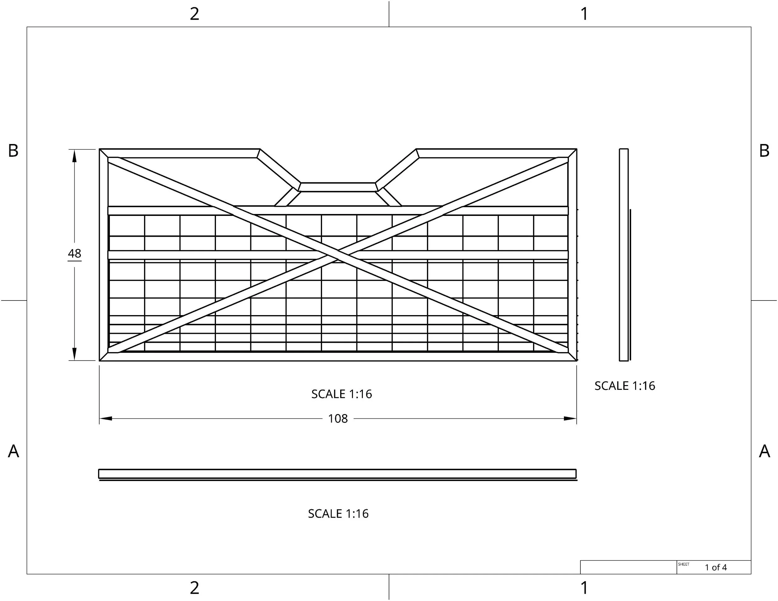 Technical drawing of a rectangular grid structure with diagonal braces, dimensions labeled as 108 and 48, at a scale of 1:16, with side and top views.